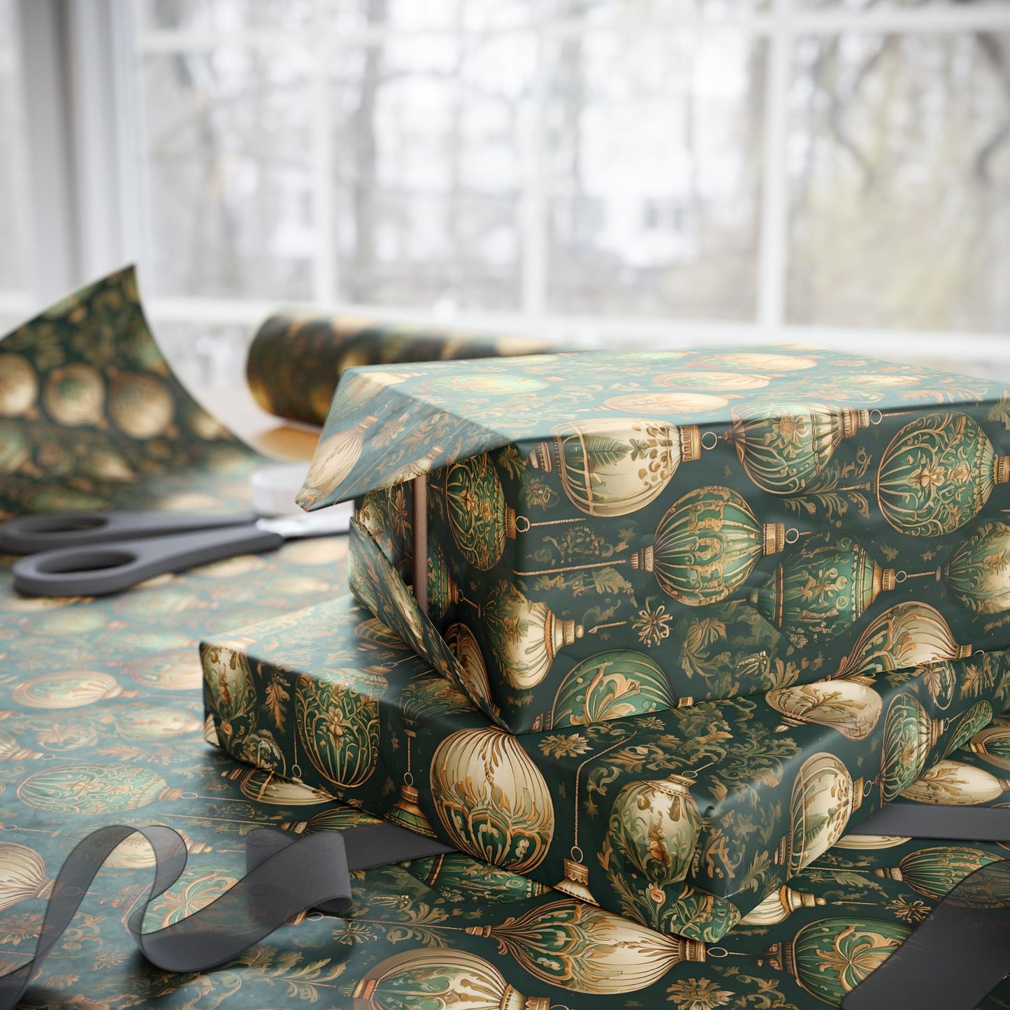 Wrapping Paper - Luxurious Green and Gold Antique Ornament