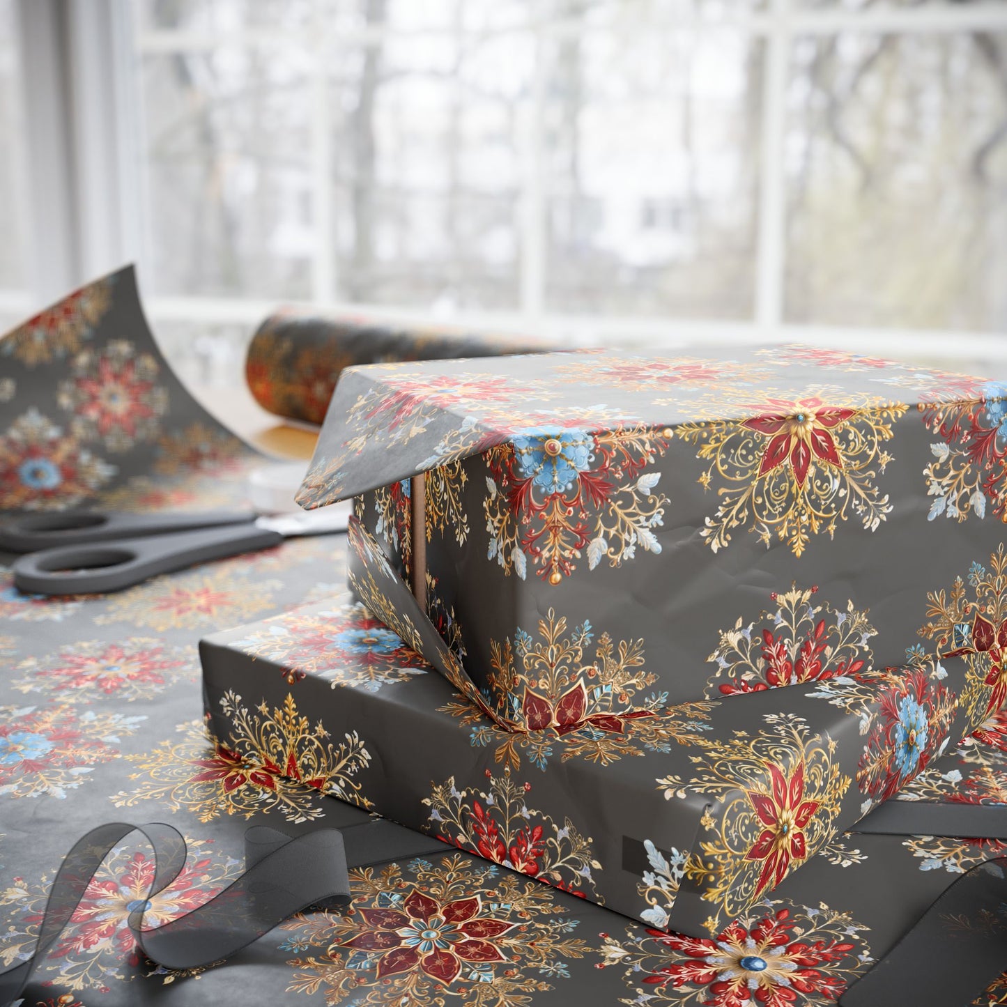 Wrapping Paper - Dark Elegant Baroque Snowflake Design